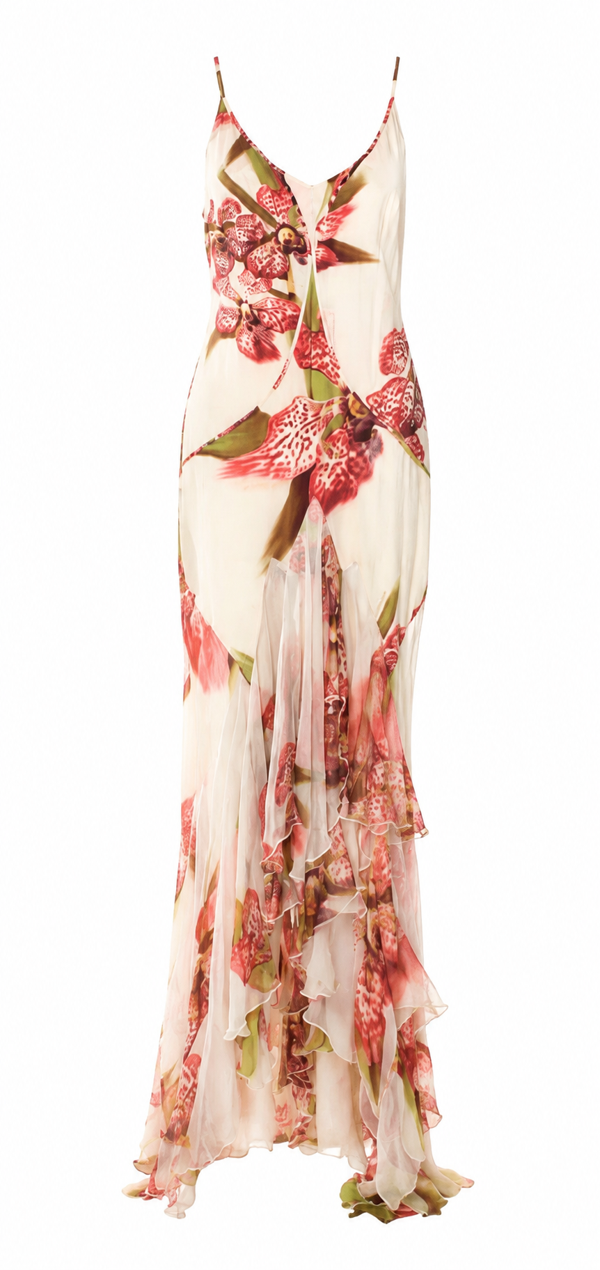 Roberto Cavalli 2004 Orchid Print Ruffled Silk Gown