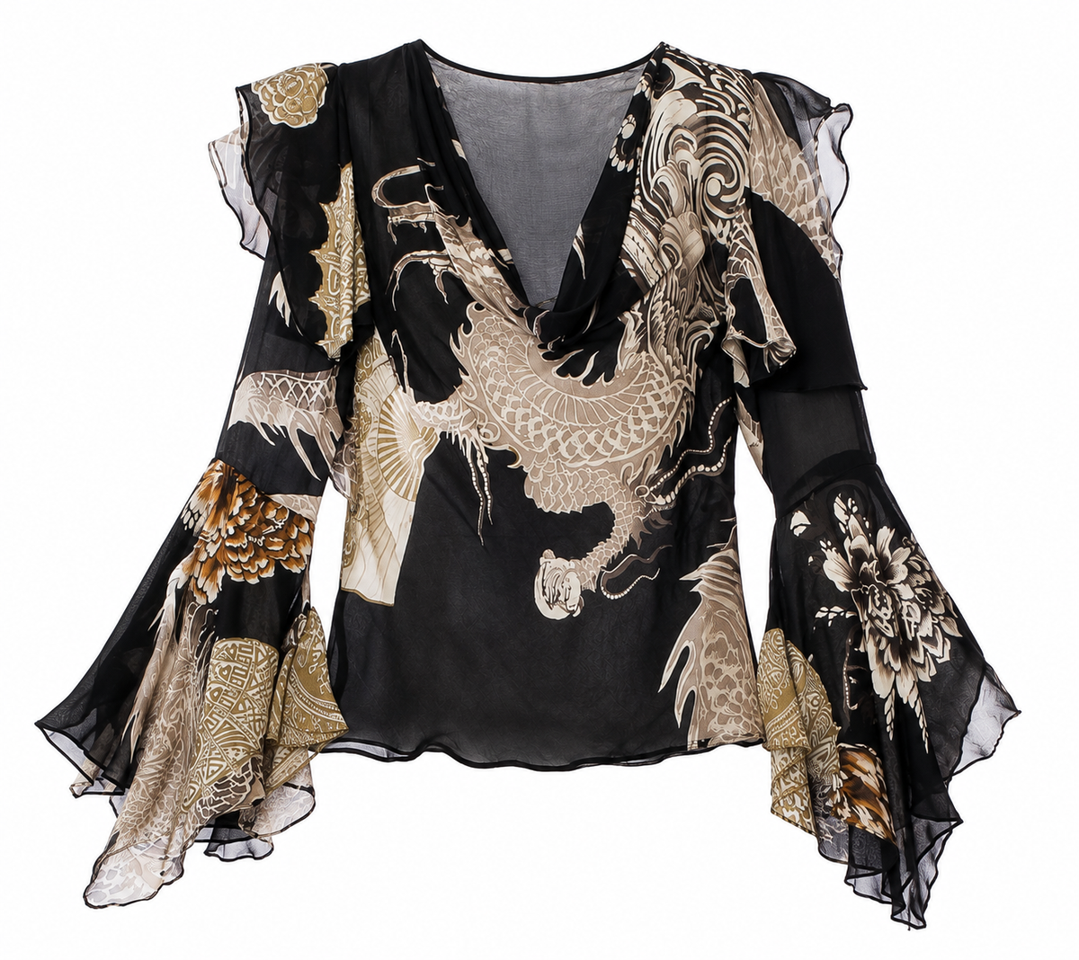 Roberto Cavalli F/W 2006 Dragon & Fan Silk Chiffon Blouse