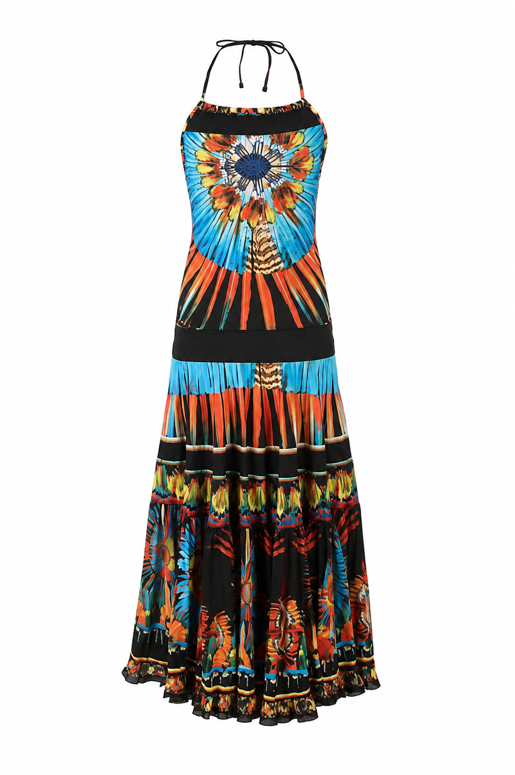 Jean Paul Gaultier 1990s Novelty Feather Print Trompe L’Oeil Halter Maxi Dress