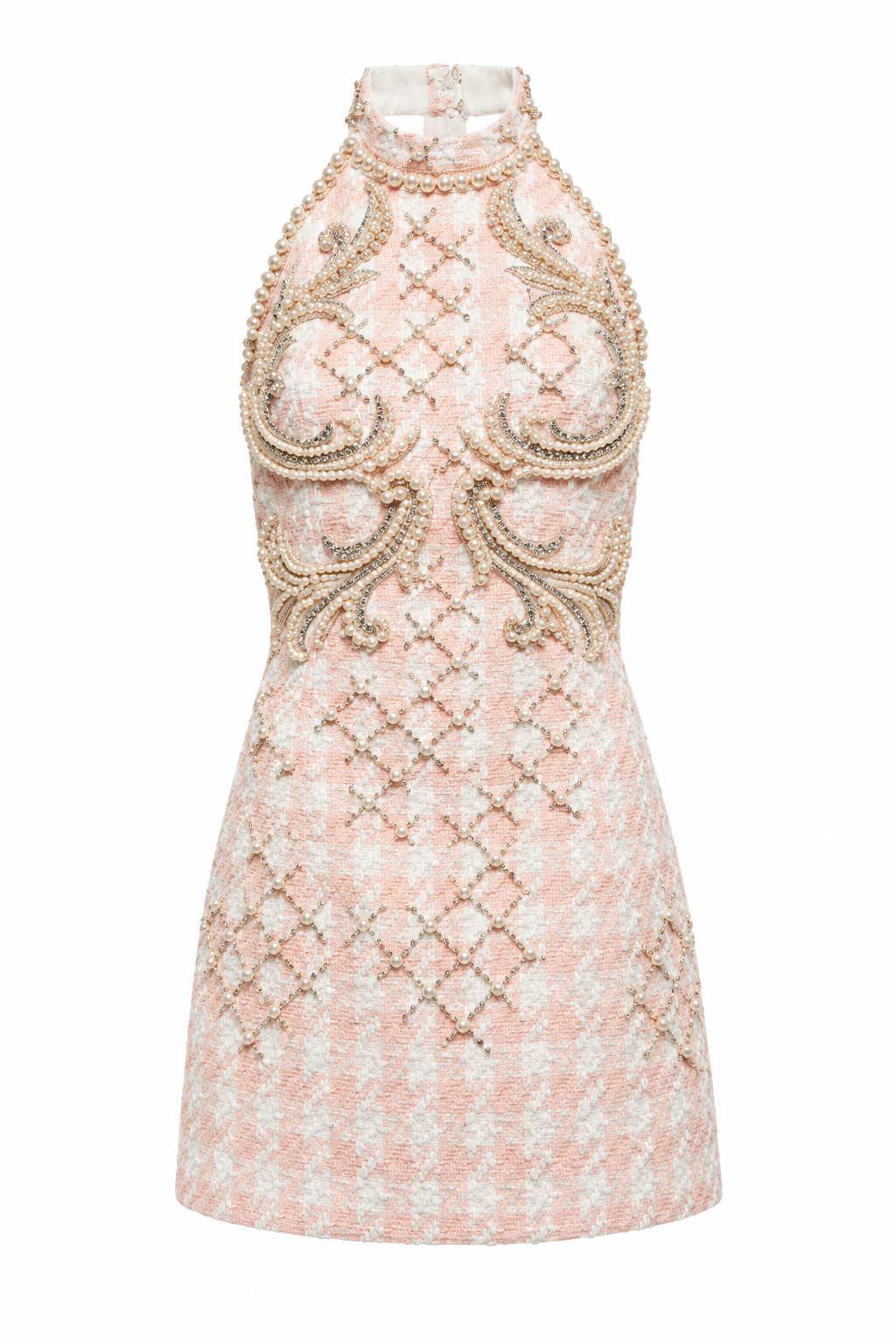 Balmain F/W 2022 Pearl Embellished Tweed Halter Mini Dress