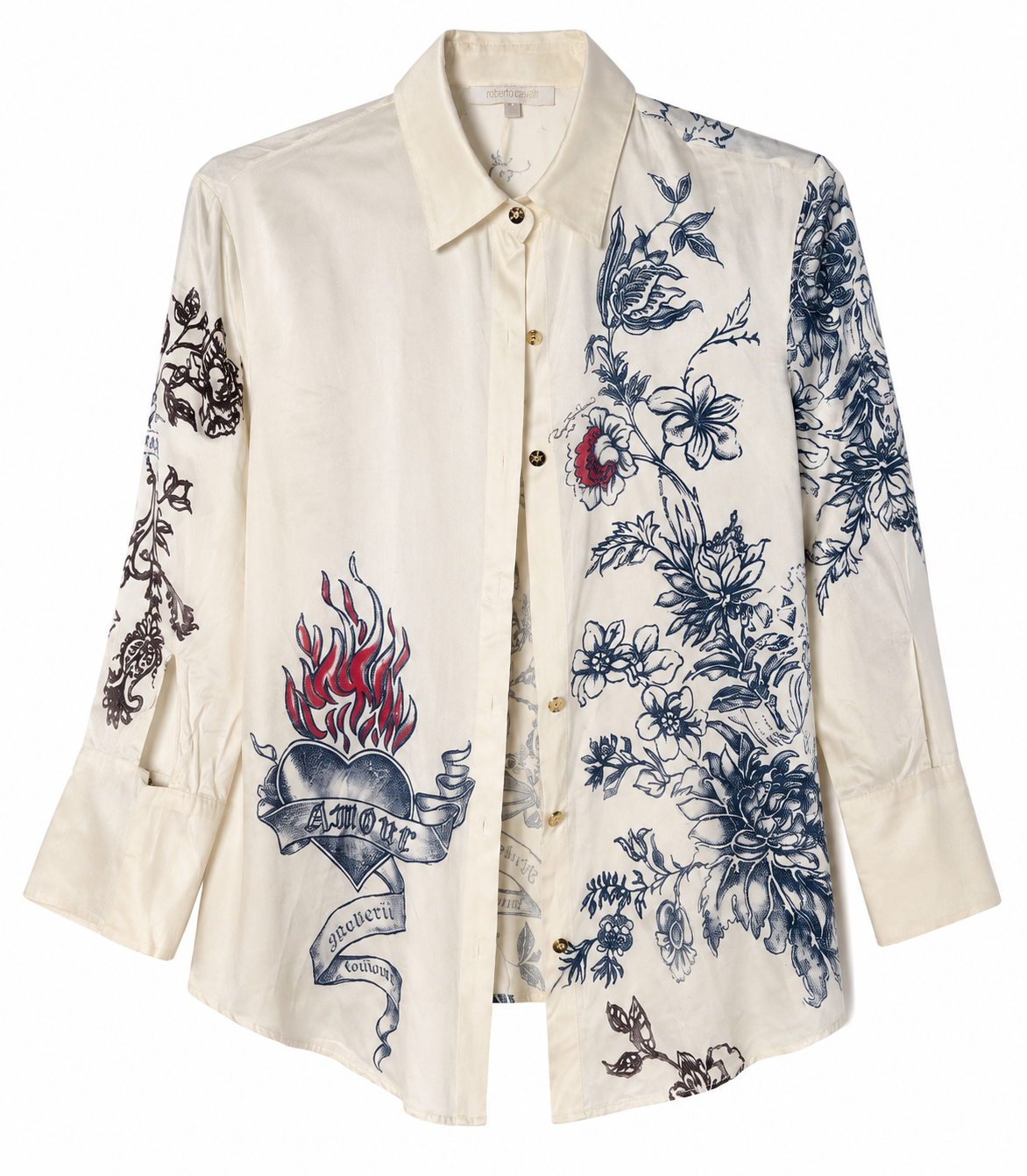 Roberto Cavalli S/S 2003 Tiger Mon Amour Tattoo Print Silk Shirt